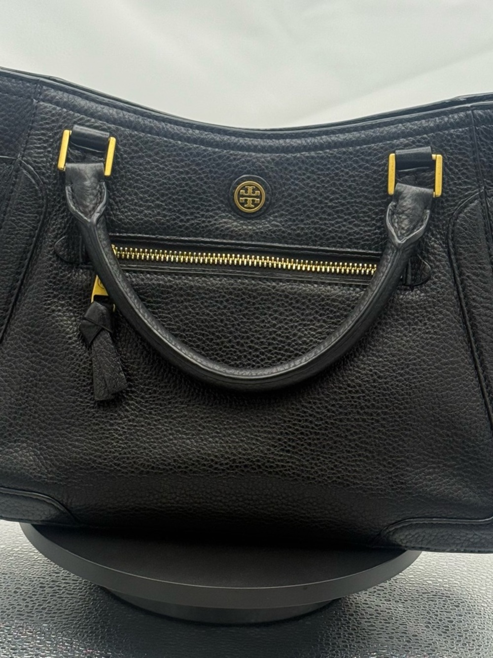 Tory Burch Black Pebbled Leather Top-Handle Satchel with Gold Hardware